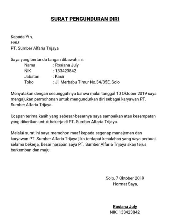 Contoh Surat Resign Kerja Simple Yang Baik Dan Benar