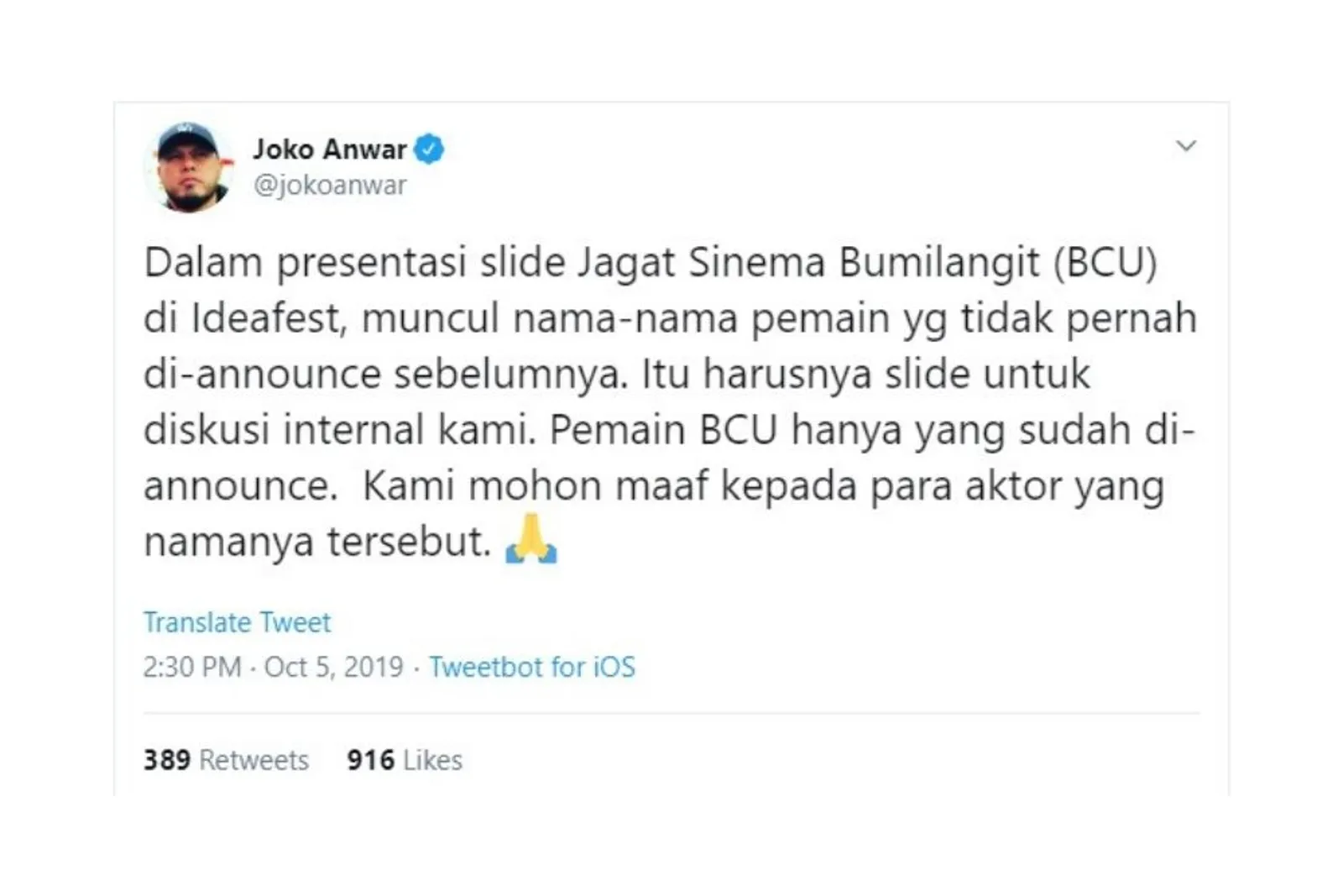 Salah Sebut Casts Bumilangit, Joko Anwar Minta Maaf ke Iqbaal Ramadhan