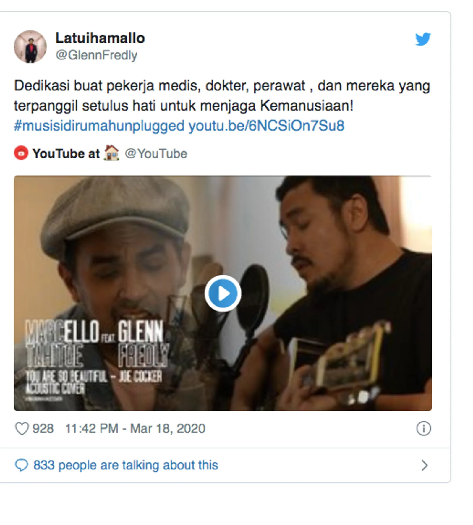 Apresiasi Tenaga Medis, Ini Isi Tweet Terakhir Glenn Fredly