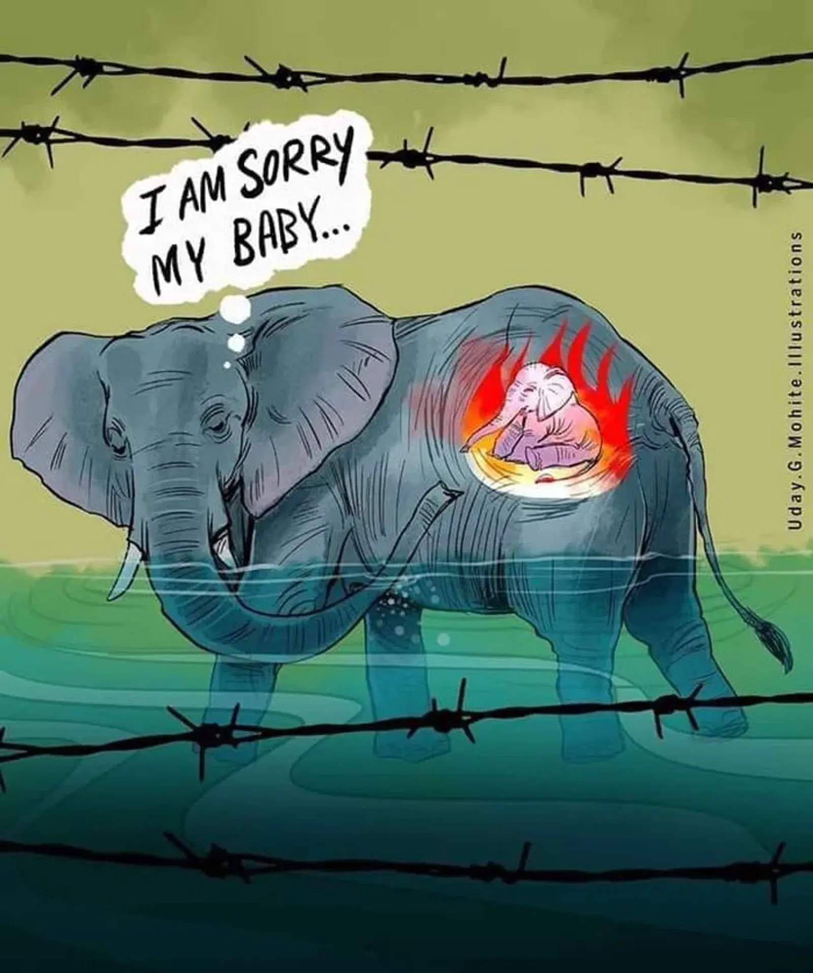 7 Ilustrasi Menyentuh Para Seniman untuk Kematian Gajah di Kerala