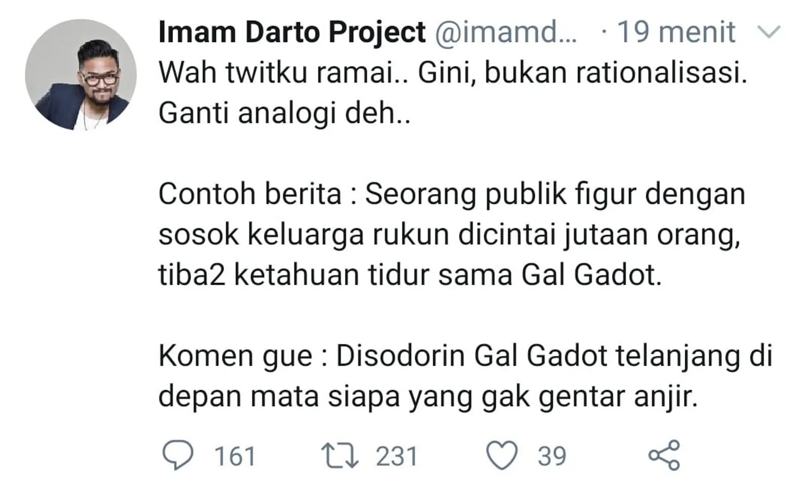 Analogikan Korupsi 17M dengan Gal Gadot, Imam Darto Diserbu Warganet