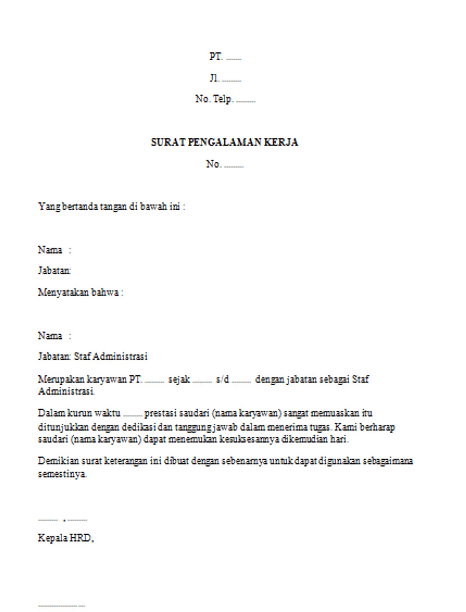 Surat pengalaman kerja sederhana