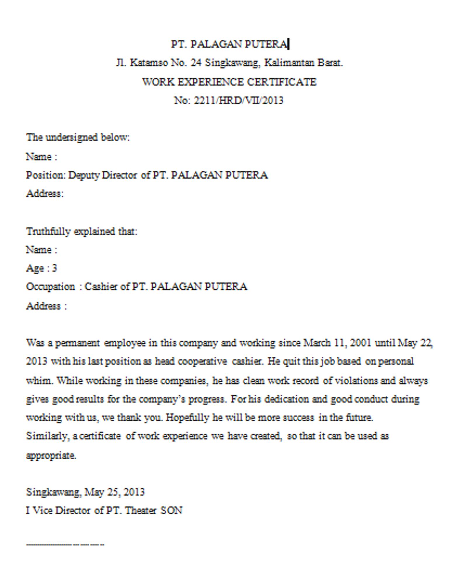 12+ Contoh Surat Pengalaman Kerja (Format, Cara Meminta, & Keuntungannya) 9 Surat pengalaman kerja bahasa Inggris
