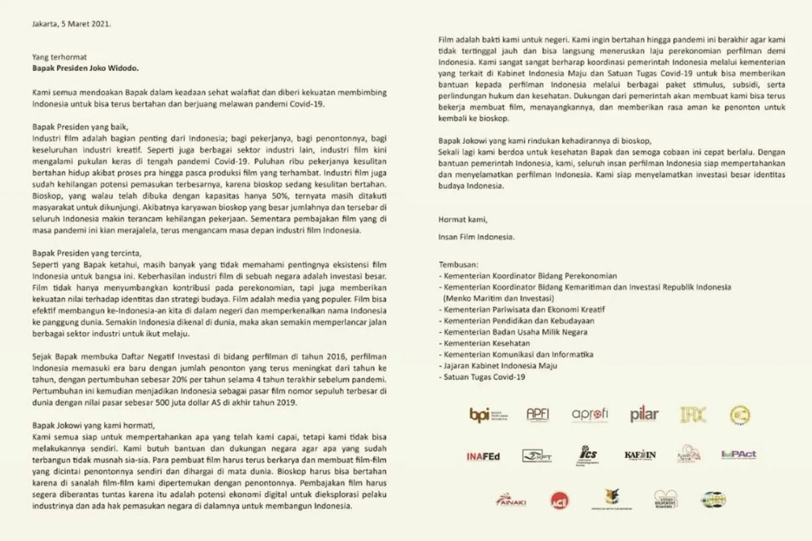 Menyusul Para Promotor, Insan Perfilman Turut Mengirim Surat ke Jokowi