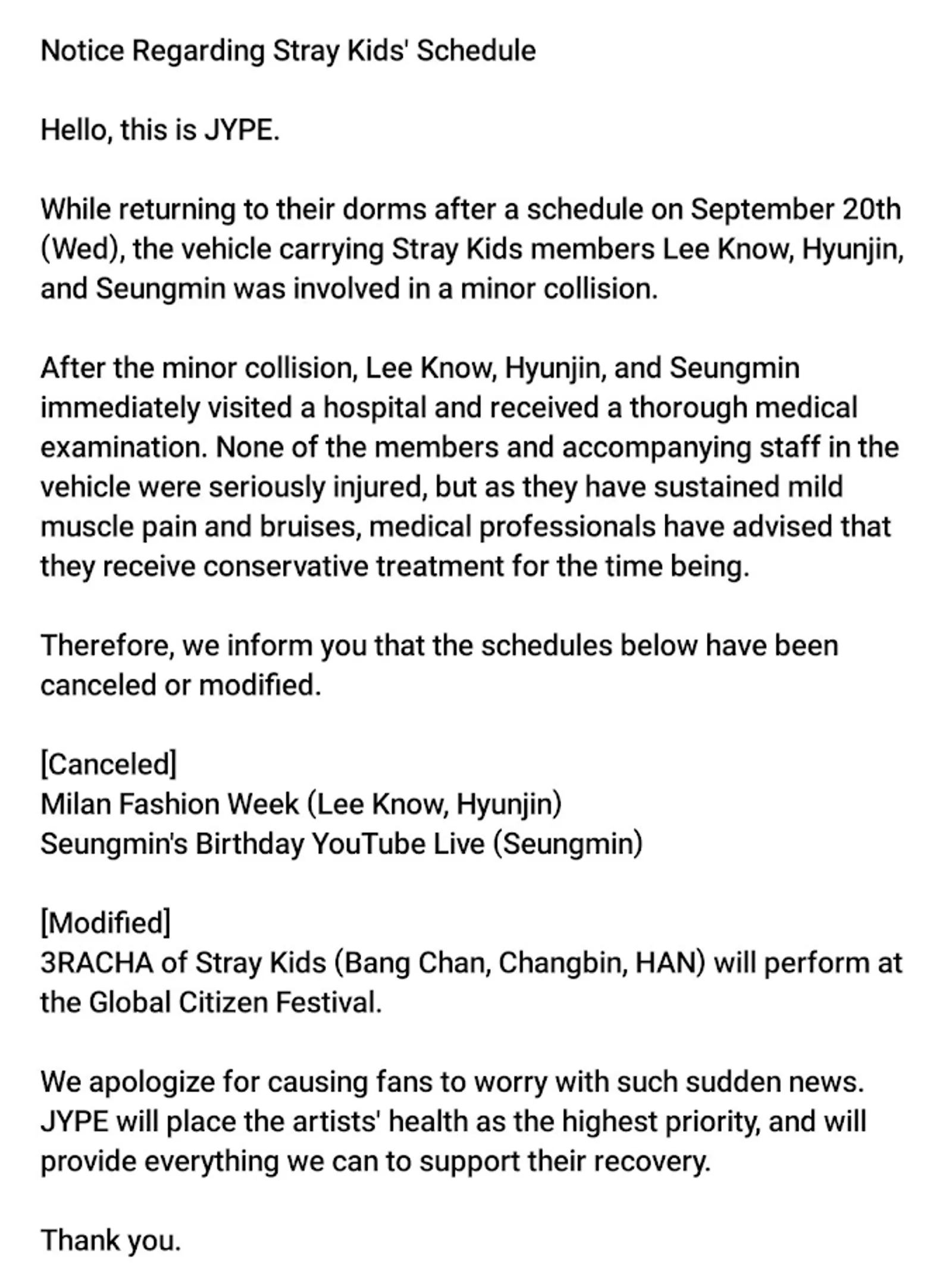 Kronologi Kecelakaan Member Stray Kids dan Respon JYP Entertainment