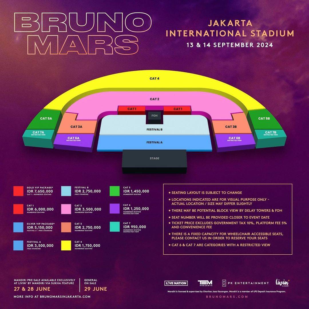 Harga Tiket Dan Seating Plan Konser Bruno Mars Jakarta