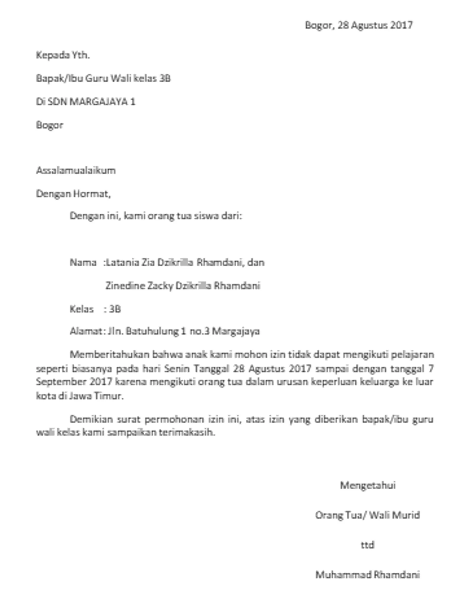 8 Contoh Surat Izin Tidak Masuk Sekolah karena Ada Kepentingan