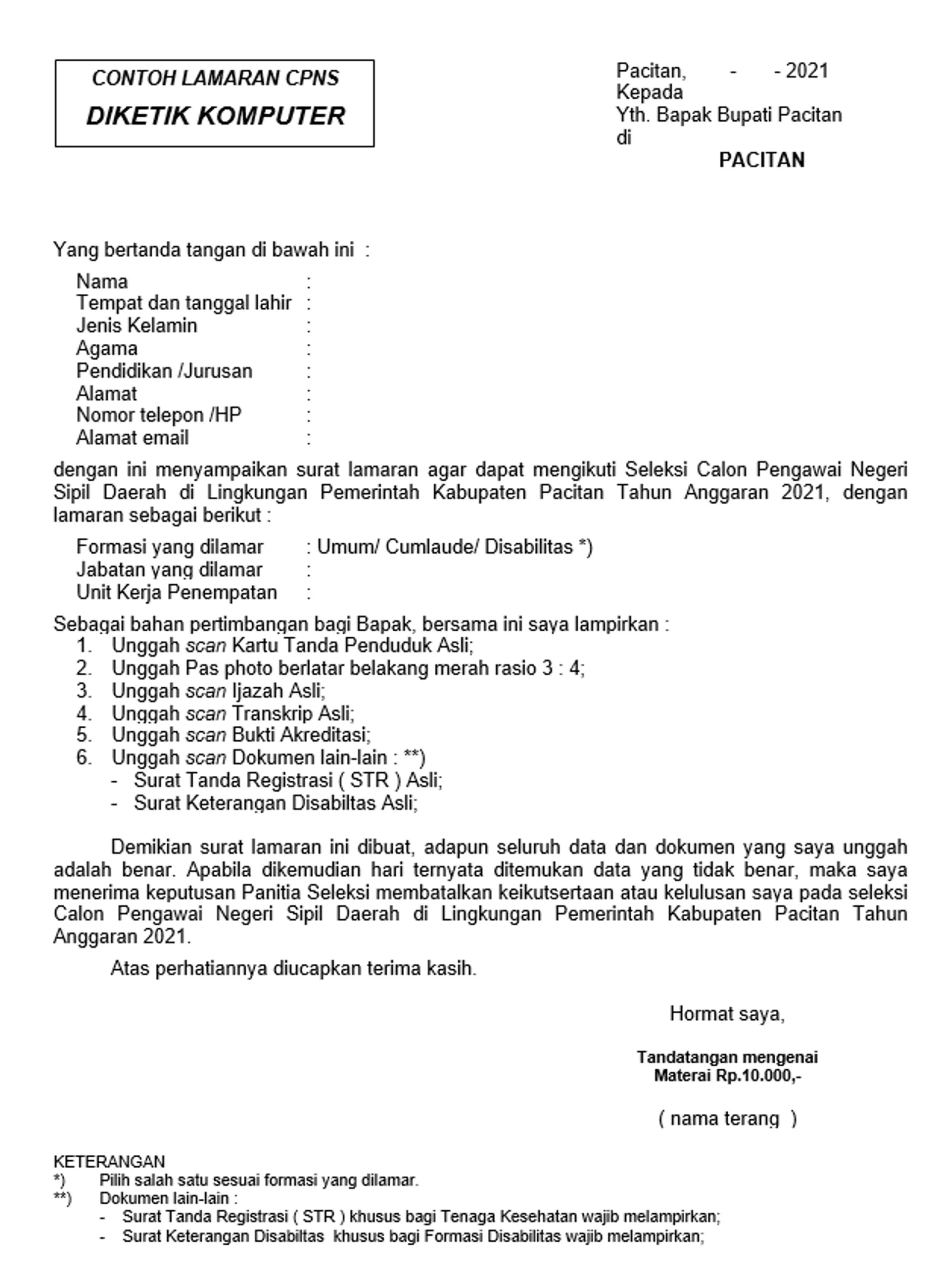 8 Contoh Surat Lamaran CPNS 2024 Lengkap untuk Referensi