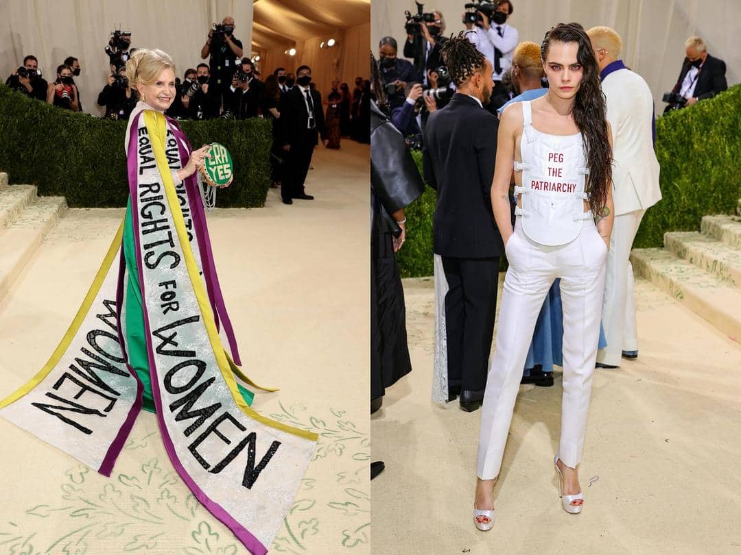 Carolyn Maloney (Getty ImagesDimitrios Kambouris) dan Cara Delevingne (Getty ImagesTheo Wargo) di Met Gala 2021 (via teenvogue.com)