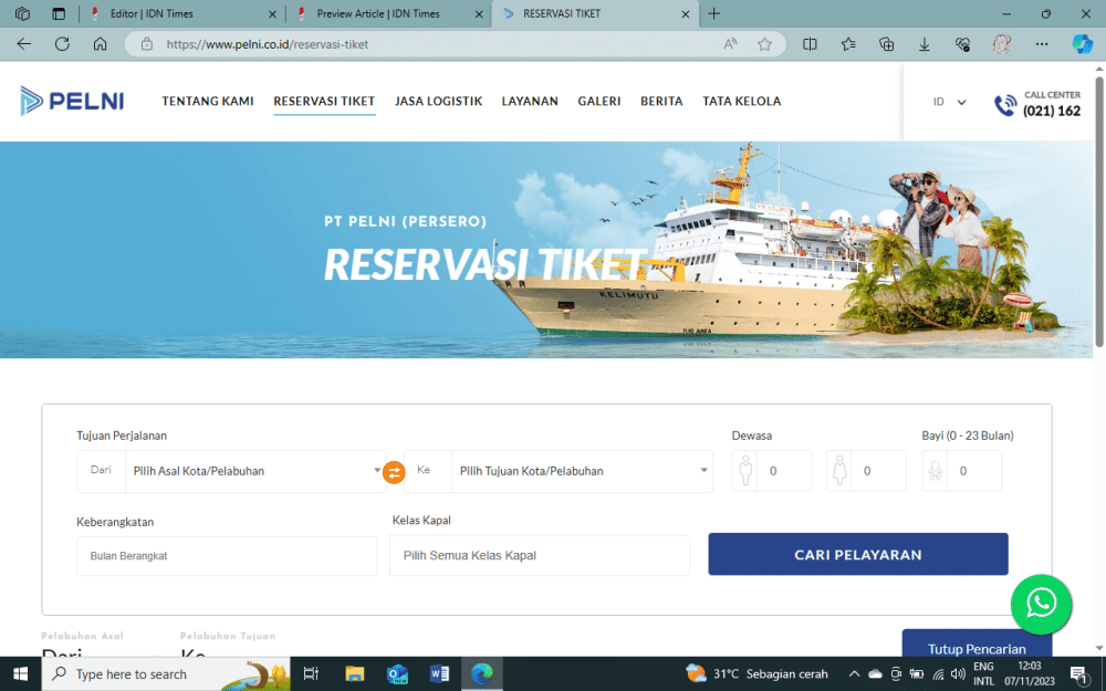 ilustrasi laman reservasi tiket di situs website Pelni (pelni.co.id)