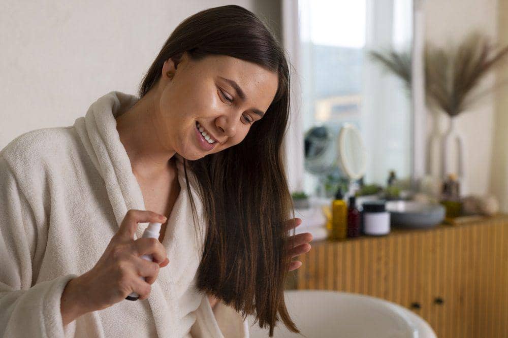 ilustrasi seorang wanita menggunakan hair tonic (freepik.com/freepik)