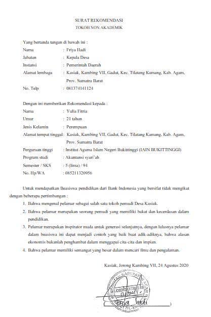contoh surat rekomendasi beasiswa