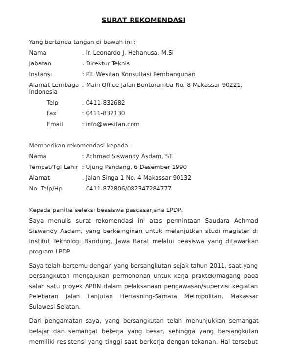 contoh surat rekomendasi beasiswa