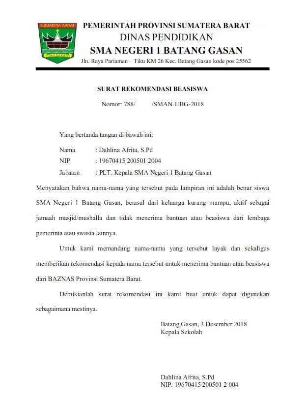 contoh surat rekomendasi beasiswa