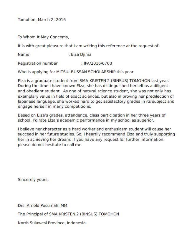 contoh surat rekomendasi beasiswa