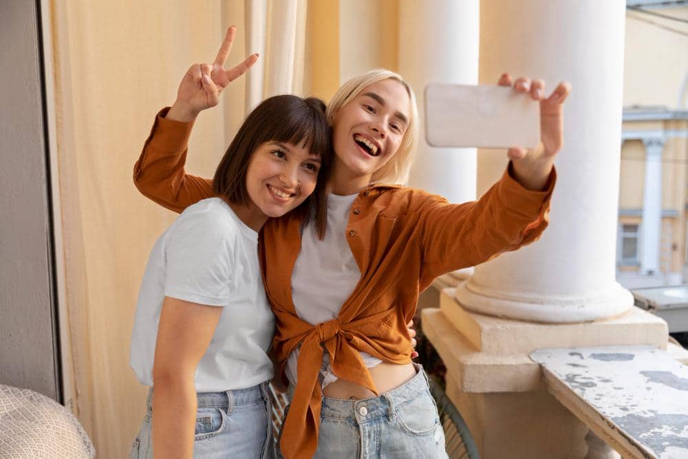 dua orang perempuan selfie