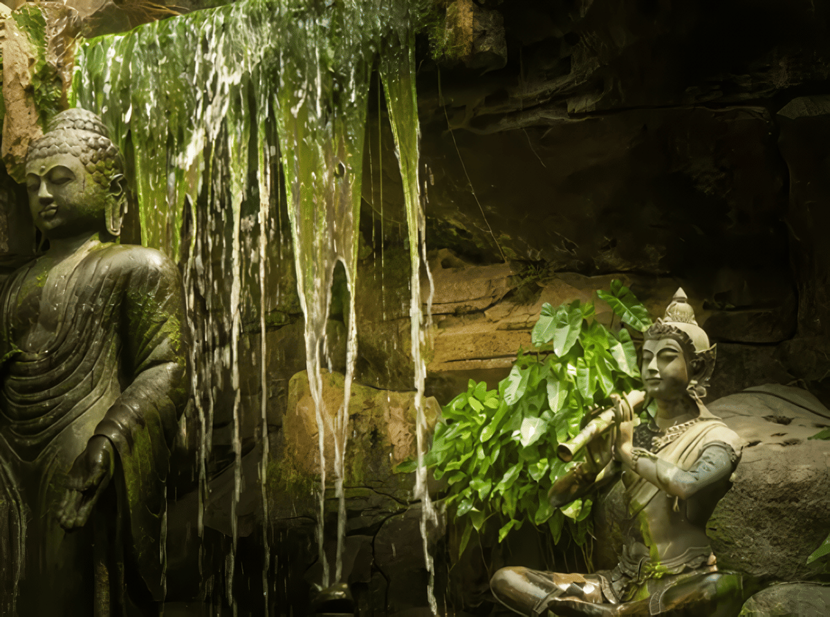 Patung Buddha di Vihara Hemadhiro Mettavati dengan air terjun 