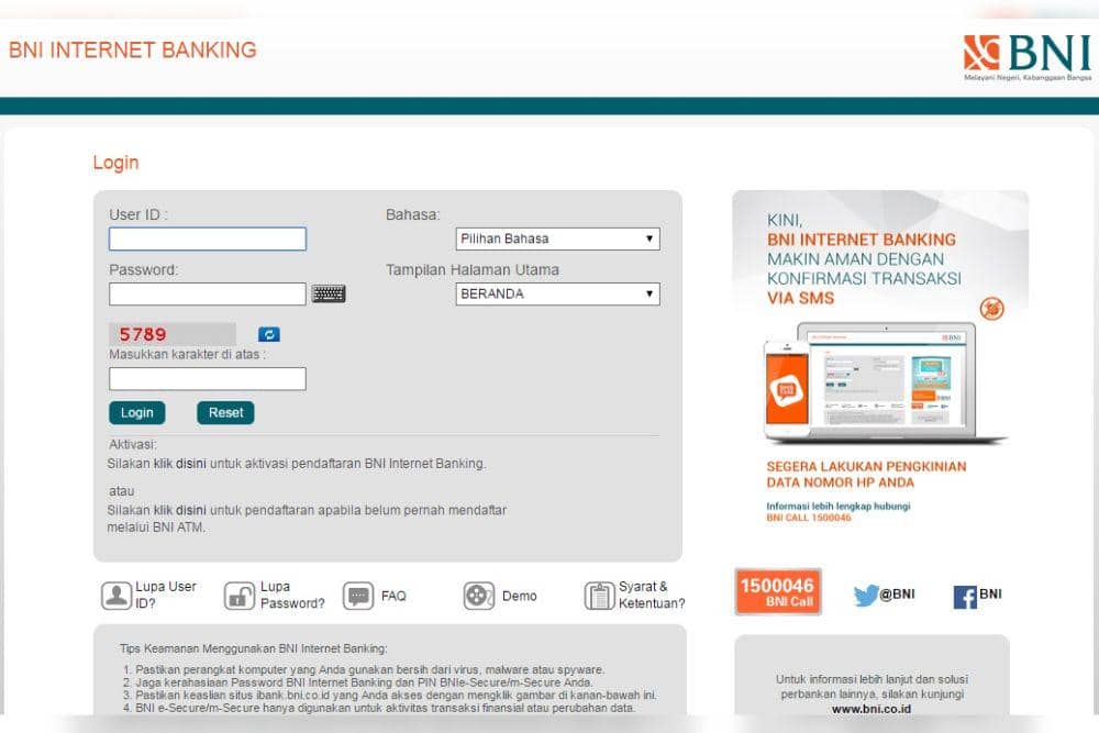 halaman utama BNI Internet Banking