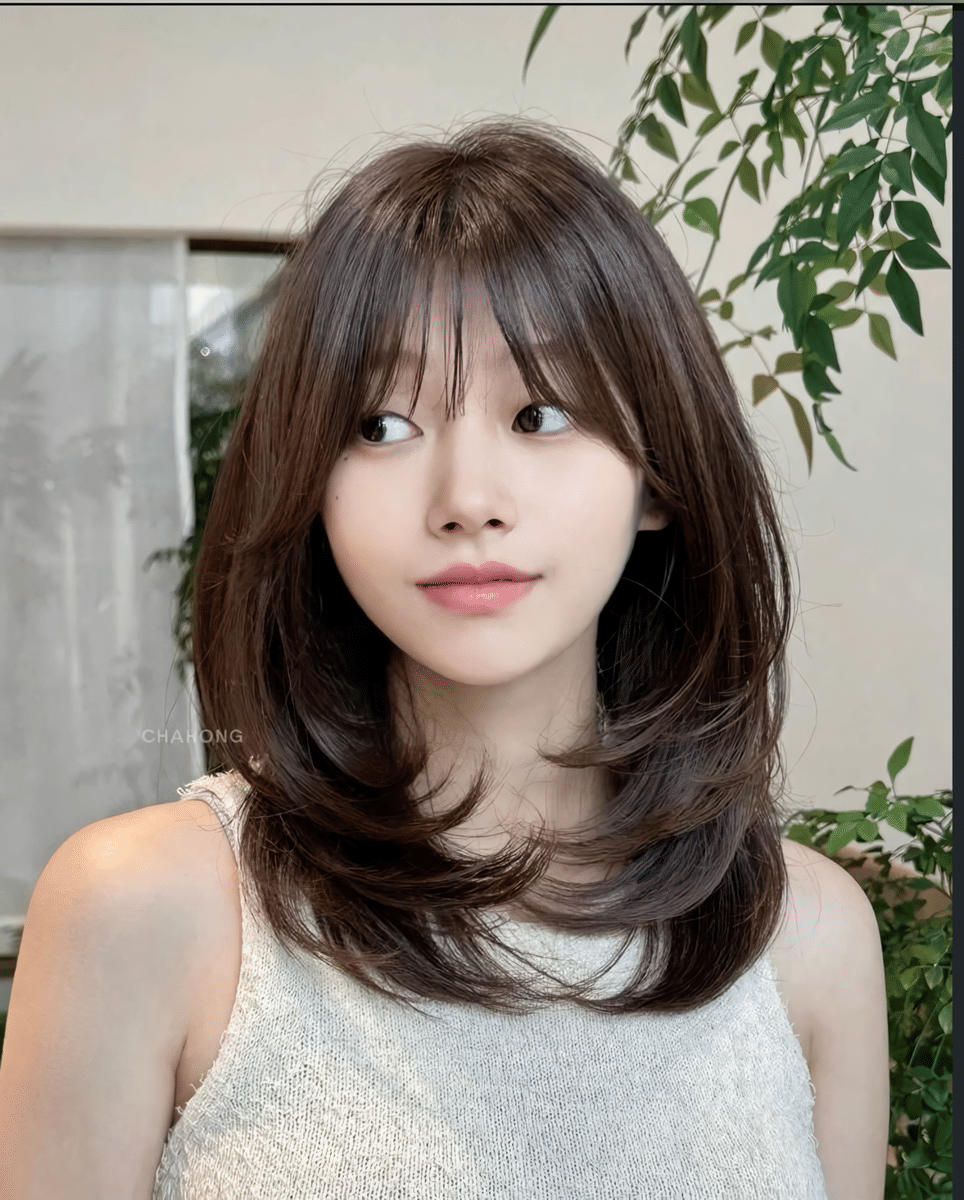 Middle length butterfly cut dengan poni