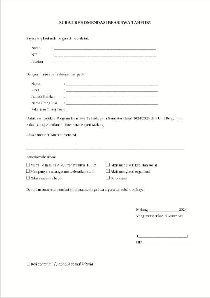 contoh surat rekomendasi beasiswa