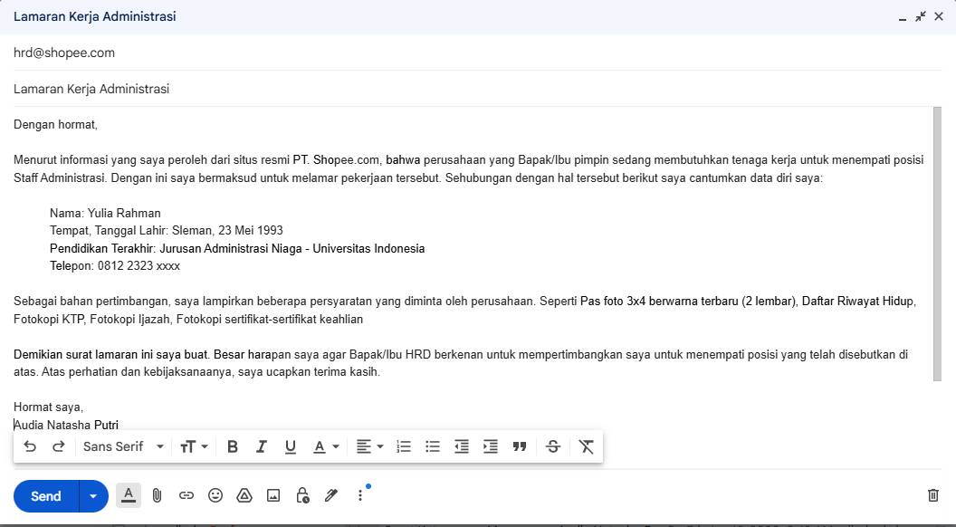 lamaran kerja administrasi