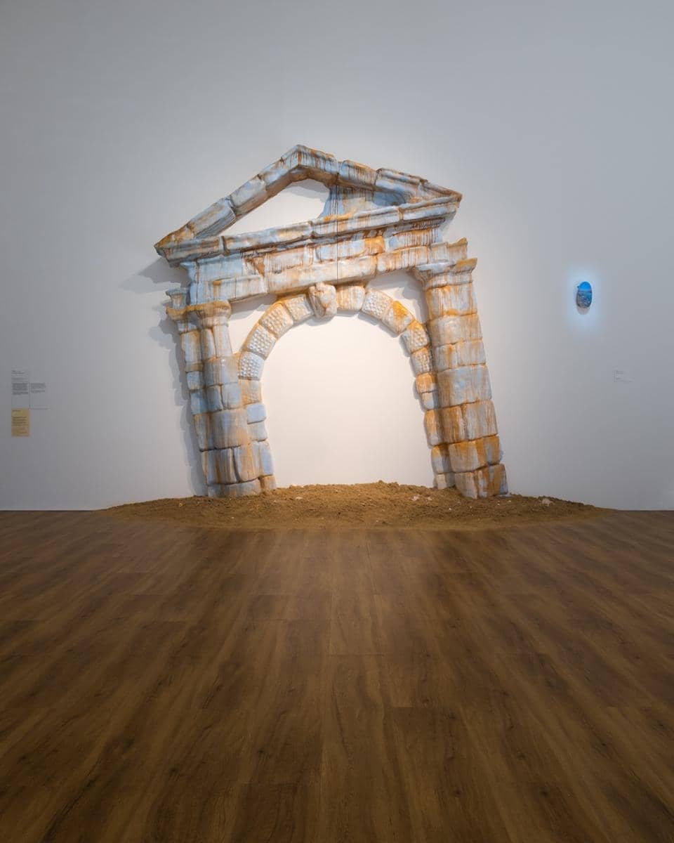 Installation view of Slanted portico of the Batavia Fort (2025) and Tanggul Laut Muara Baru (2024) by Kei Imazu (b. Japan, 1980) in Kei Imazu_ The Sea is Barely Wrinkled. Image courtesy of Museum MACAN. Photo b.jpg