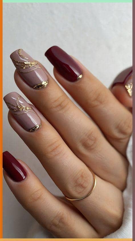 inspirasi nail art maroon gold