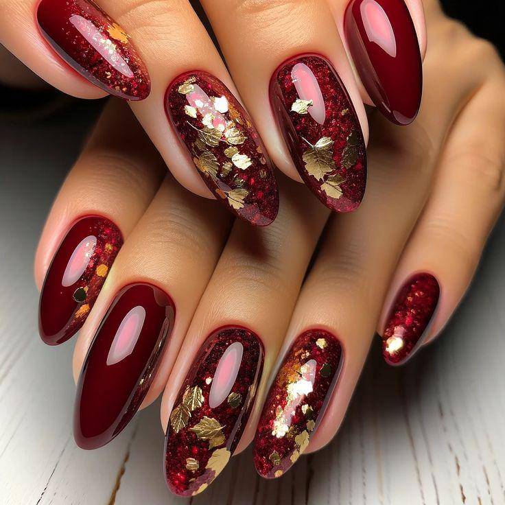 Elegant Maroon Gold Nail Art