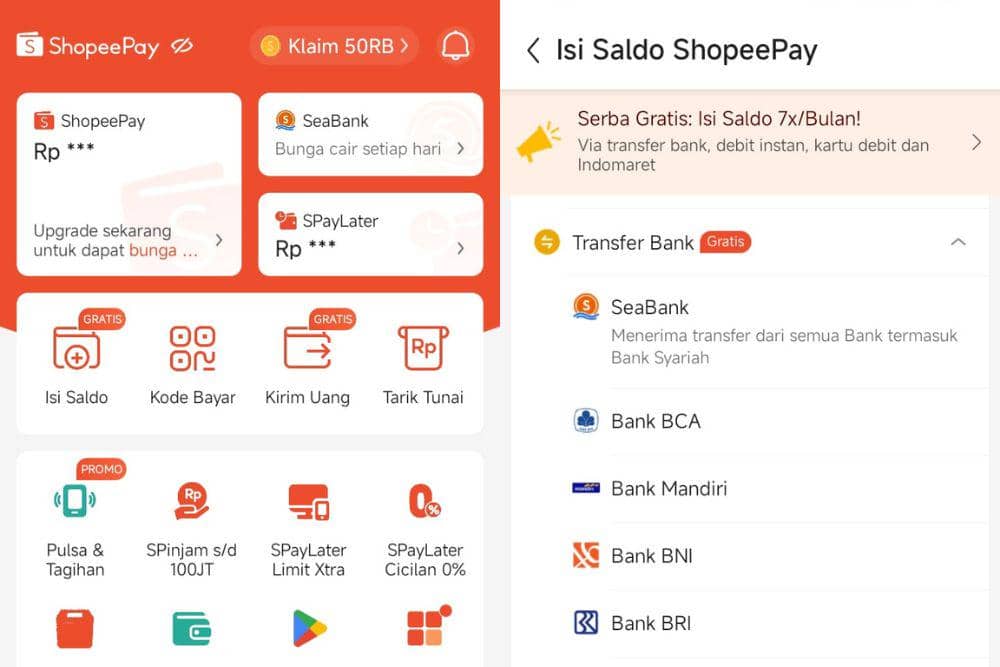 Tangkapan layar dari menu utama dan laman "Isi Saldo" dalam aplikasi ShopeePay (POPBELA.com/Evelyn Anggraini)