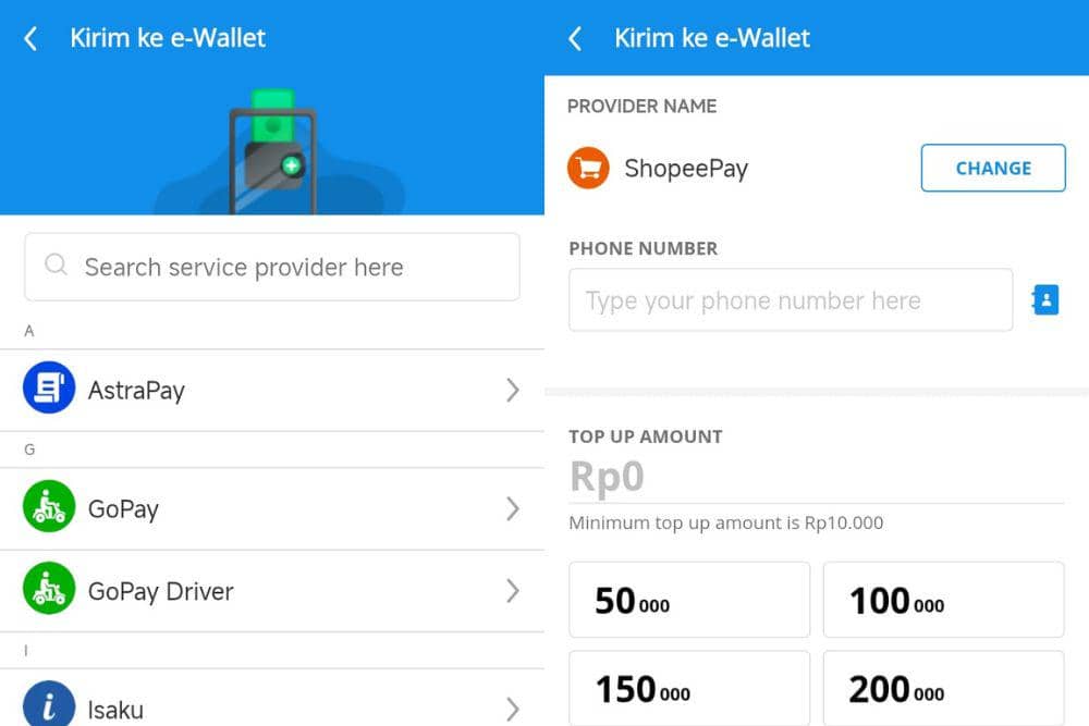 Tangkapan layar dari laman "Kirim ke e-Wallet" dalam aplikasi DANA (POPBELA.com/Evelyn Anggraini)