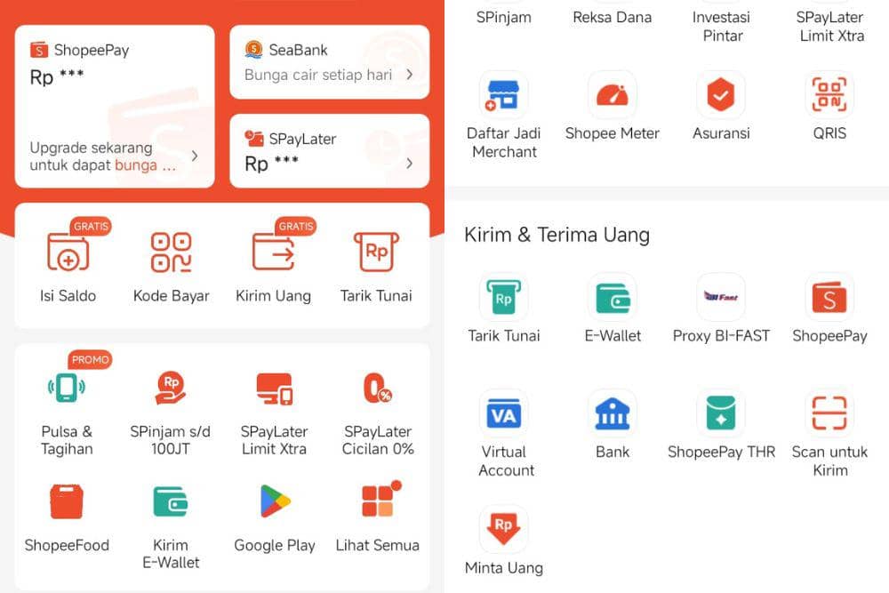 Tangkapan layar dari menu utama dan laman "Kirim & Terima Uang" dalam aplikasi ShopeePay (POPBELA.com/Evelyn Anggraini)