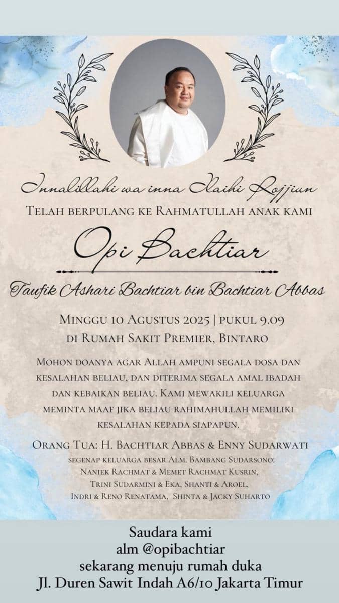 Tangkapan layar dari Instagram Story milik Arya Saloka, yang membagikan berita duka cita terhadap kepergian Opi Bachtiar pada Minggu, 10 Agustus 2025. (instagram.com/arya.saloka)