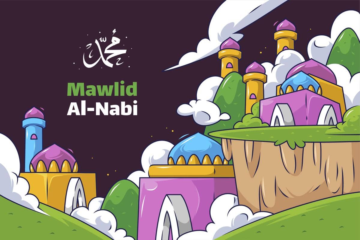 Kartu Maulid Nabi Muhammad Nuansa Kartun Pink dan Ungu 