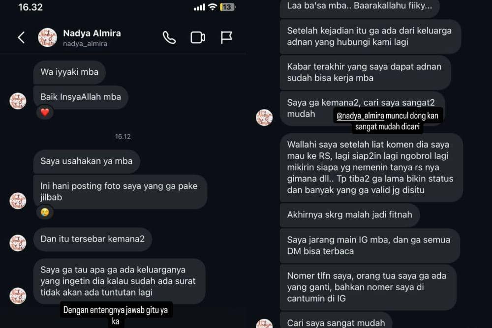 Tangkapan layar dari highlights Instagram adik korban yang menampilkan pesan klarifikasi Nadya Almira terkait kasus kecelakaan 13 tahun silam. (instagram.com/nrhanifh_)
