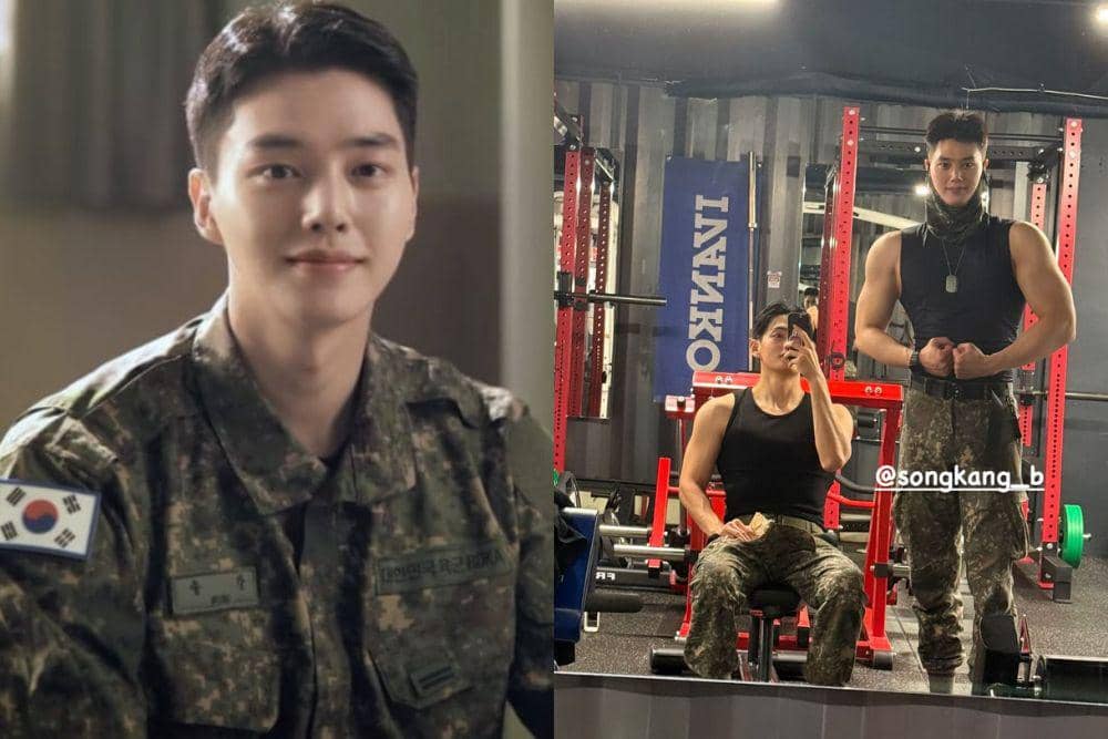 Penampilan Song Kang dalam video kampanye "Defense Help Call" dan Potret Song Kang bersama V 'BTS'. (allkpop.com; k-ennews.com)