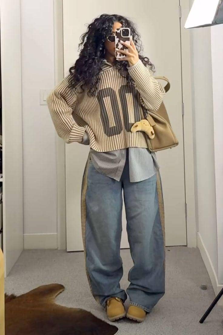 Barrel Jeans dan Atasan Sporty