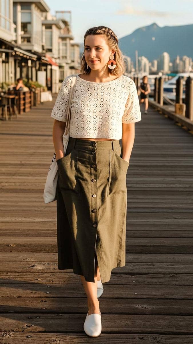 Baju cream dan celana olive