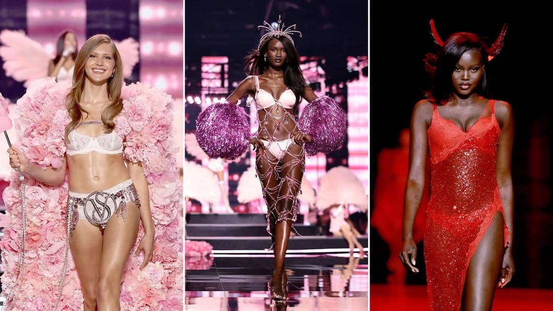 Tiga model Australia, Abény Nhial, Angelina Kendall, dan Adut Akech di Victoria’s Secret Fashion Show 2025