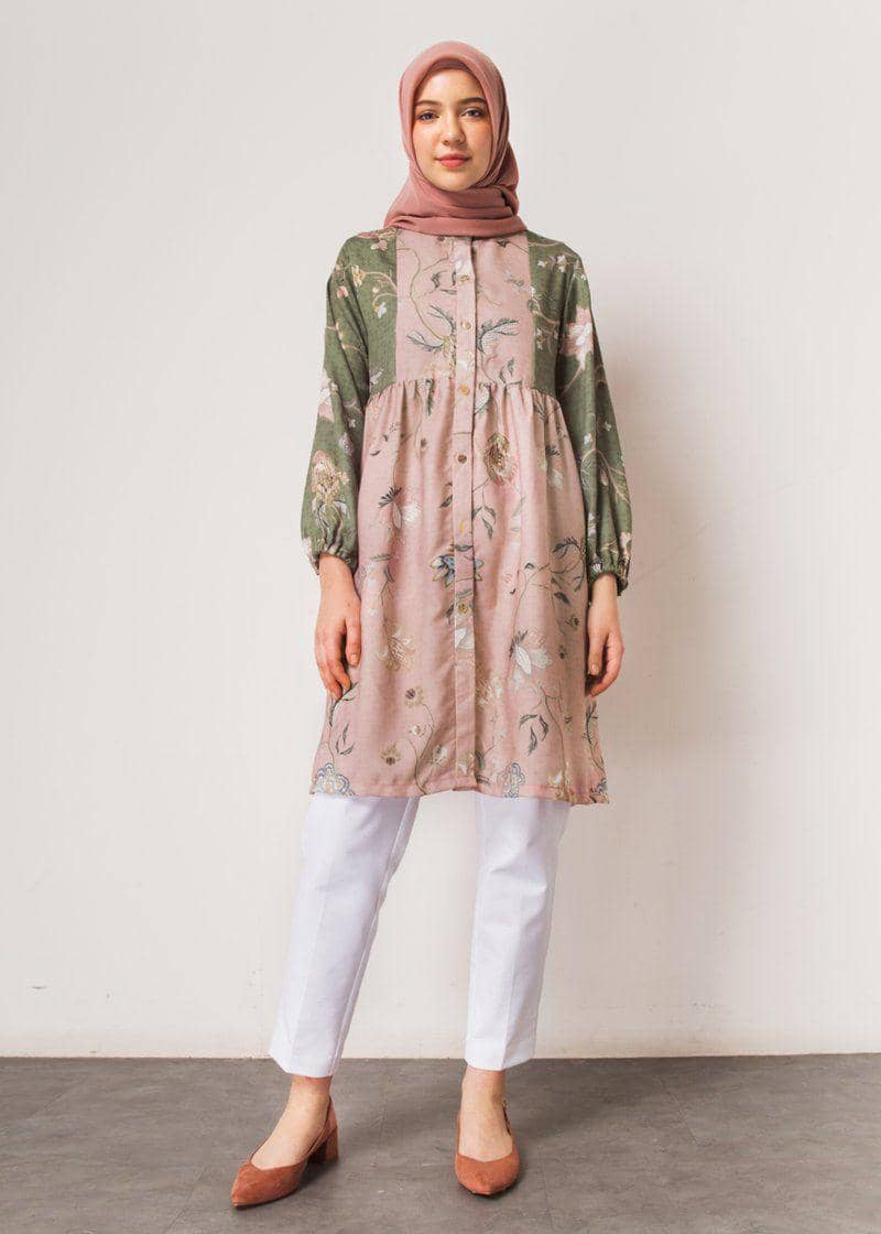 Tunik batik kancing depan salem-olive sleeves
