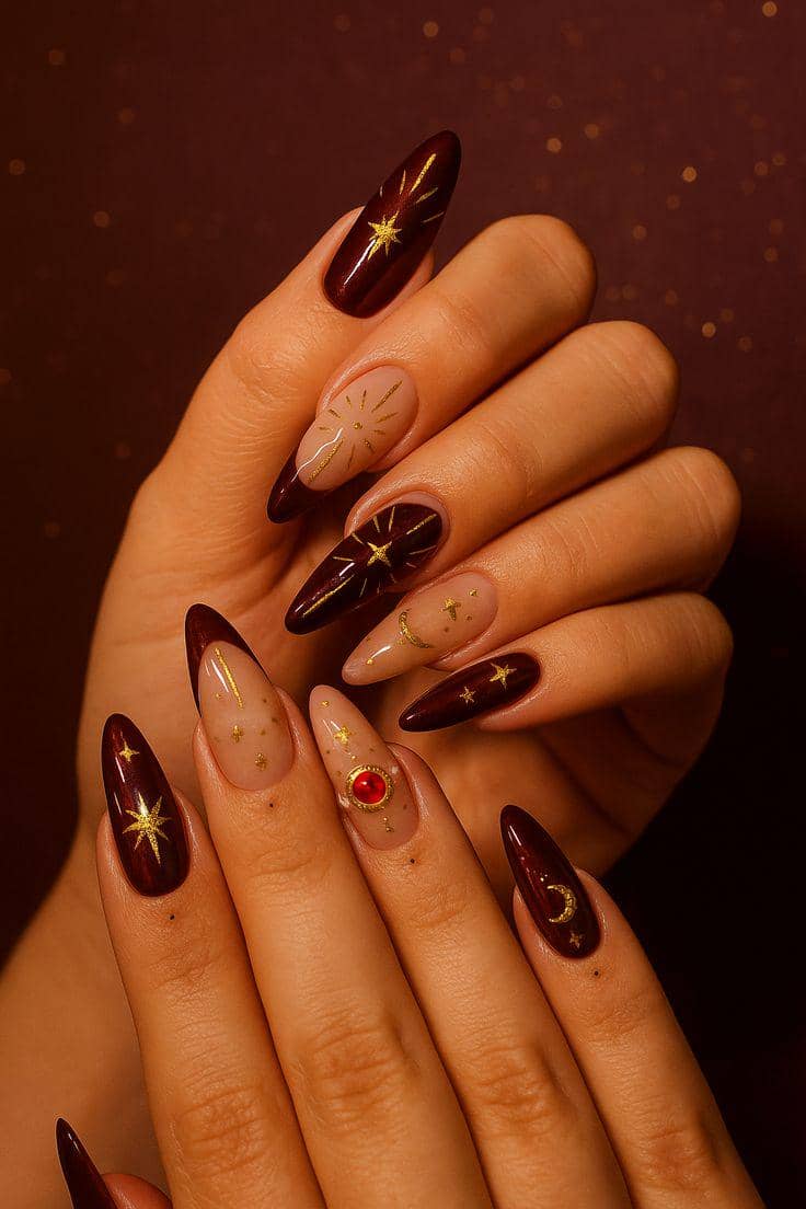 Nail art merah maruh dengan aksen bintang