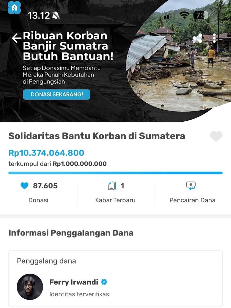 Tangkapan layar dari landing page Kitabisa.com yang menampilkan galang dana untuk Sumatra berhasil mengumpulkan sekitar Rp10,3 miliar.