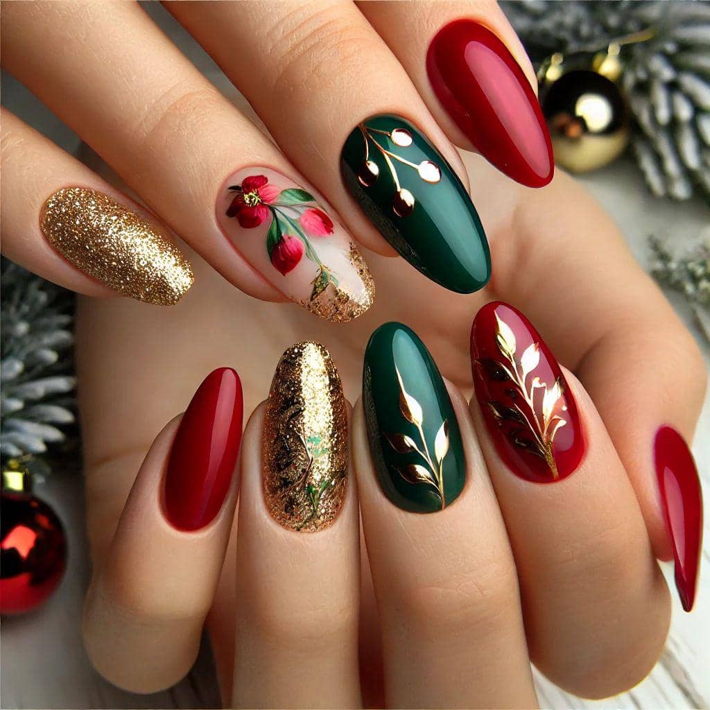 inspirasi nail art nuansa merah dan hijau