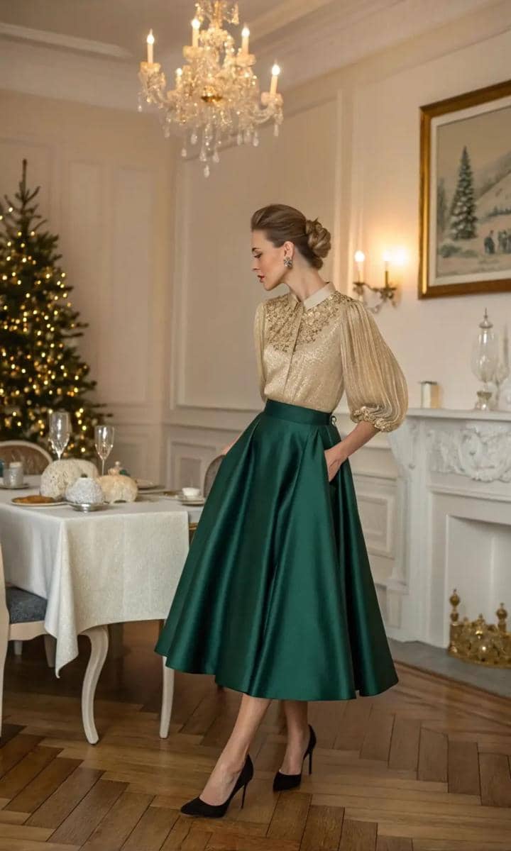 Atasan lengan balon emas dan rok hijau