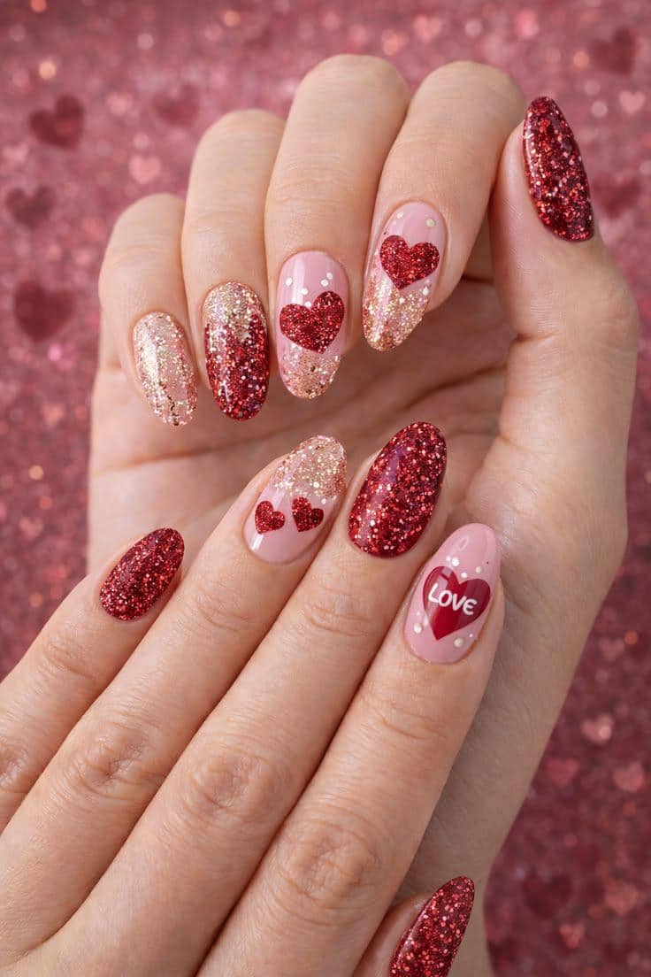 inspirasi nail art valentine soft glam dengan sentuhan glitter 