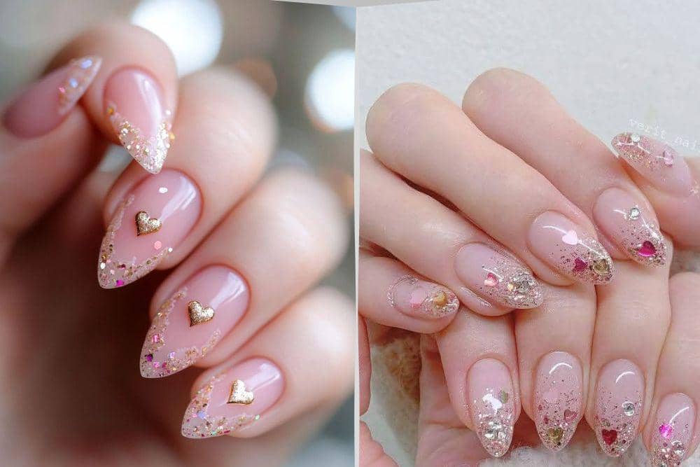 inspirasi nail art valentine soft glam dengan sentuhan glitter 