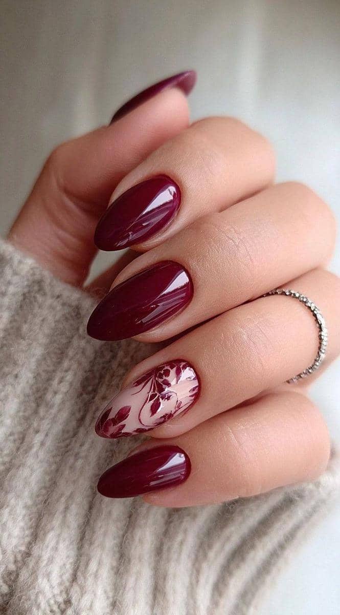 inspirasi maroon floral nail art