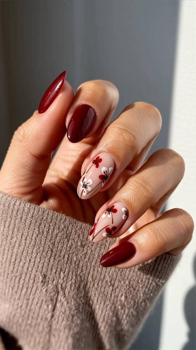 inspirasi maroon floral nail art