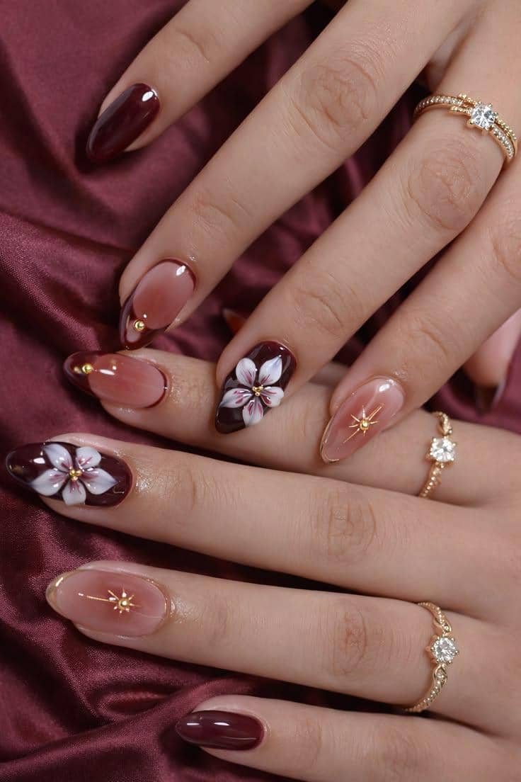 inspirasi maroon floral nail art
