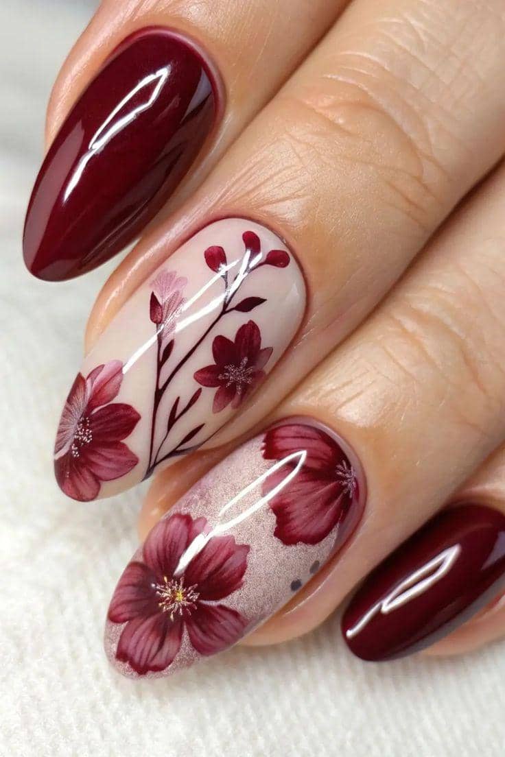 inspirasi maroon floral nail art
