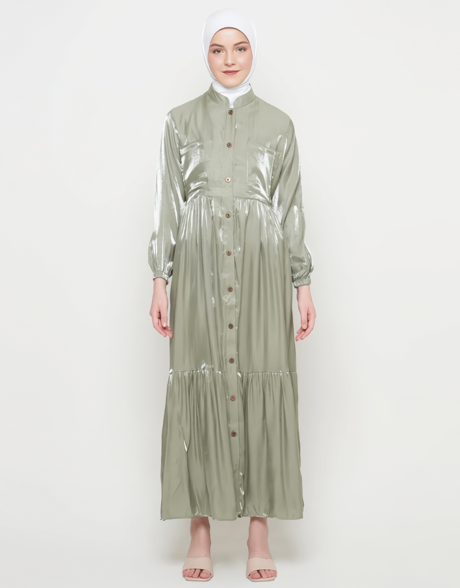 Gamis Hijau Sage dan Hijab Putih